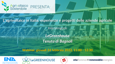 Locandina del webianr sullo sfondo un impianto di agrivoltaico 