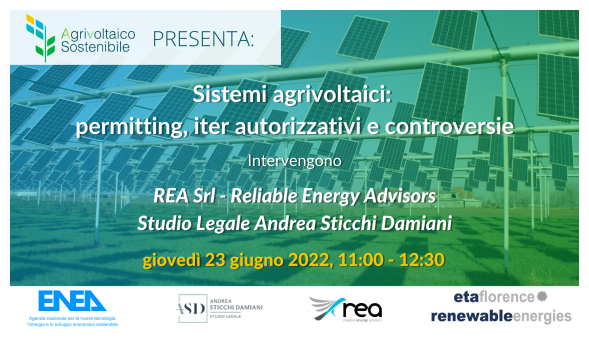 titolo del webinar Sistemi agrivoltaici: permitting, iter autorizzativi e controversie