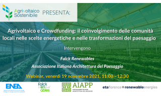 Locandina Agrivoltaico e Crowdfunding: il coinvolgimento delle comunità locali nelle scelte energetiche e nelle trasformazioni del paesaggio.