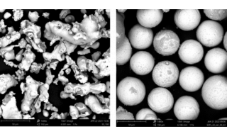Immagini al microscopio elettronico delle polveri SS316L prima (sx) e dopo (dx) trattamento al plasma (foto ENEA)