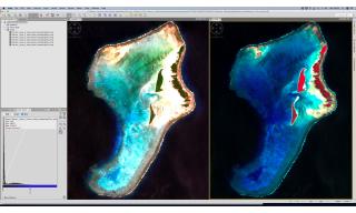 sola di Rowa (Repubblica di Vanuatu): elaborazione a colori naturali (a sinistra) ed a falsi colori (a destra). La presenza di bande che abbracciano diverse regioni dello spettro elettromagnetico permette l'osservazione della superficie terrestre con diverse sintesi cromatiche (immagine European Space Agency - Sentinel-2).